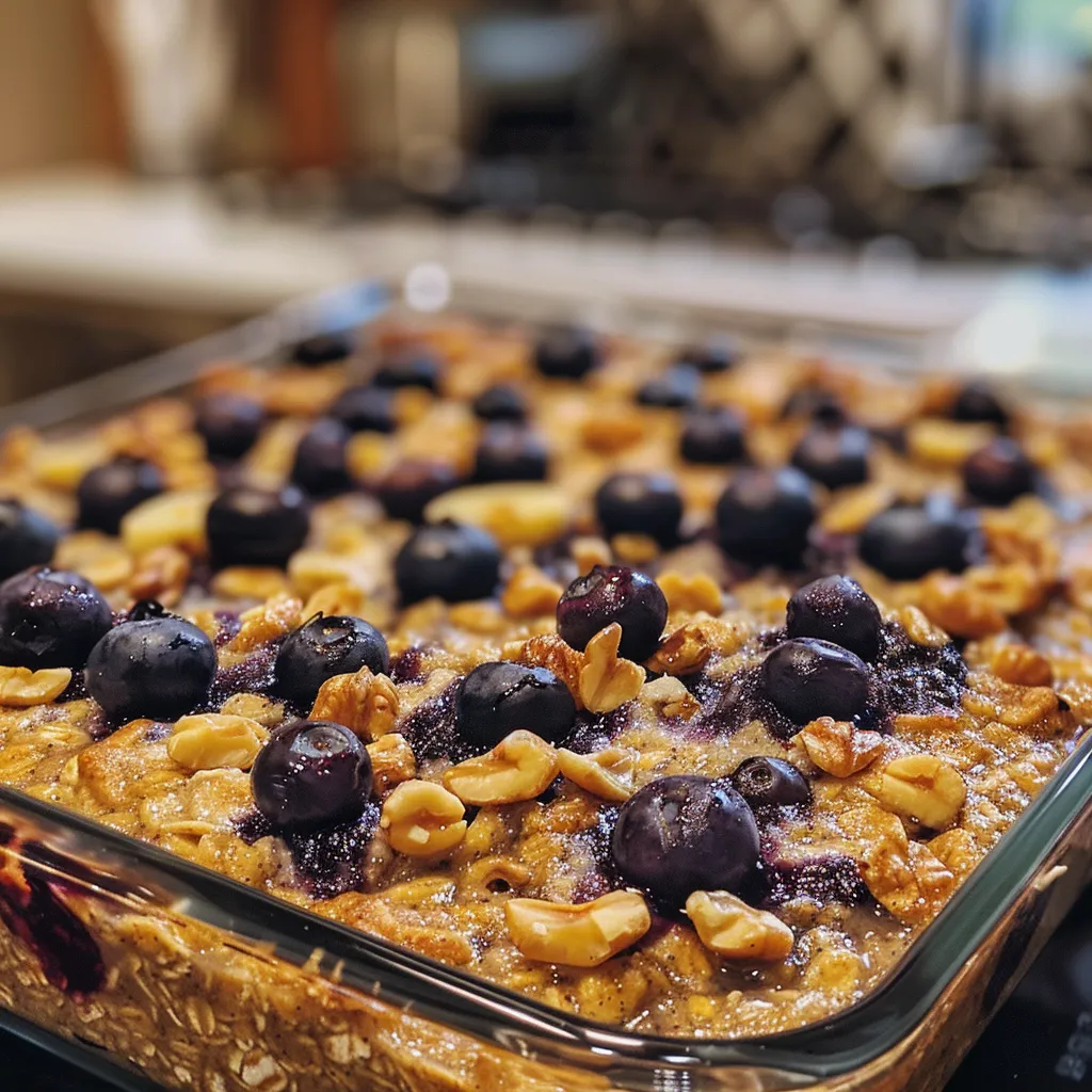 A detailed shot of freshly baked oatmeal with blueberries, showcasing its moist texture and ingredients.