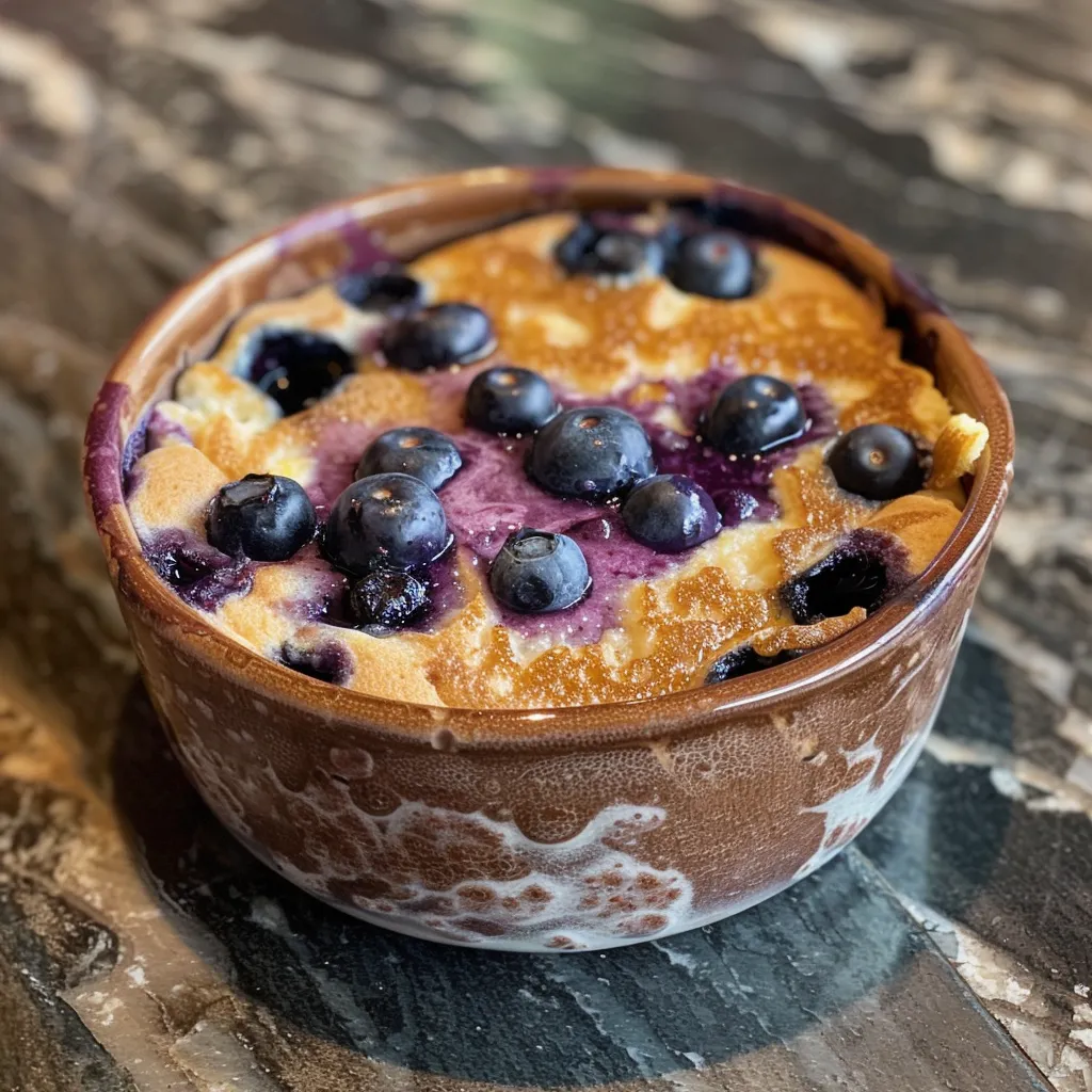 A close-up side view of a bowl filled with blueberry baked pancake, showcasing plump blueberries and a golden-brown pancake texture.