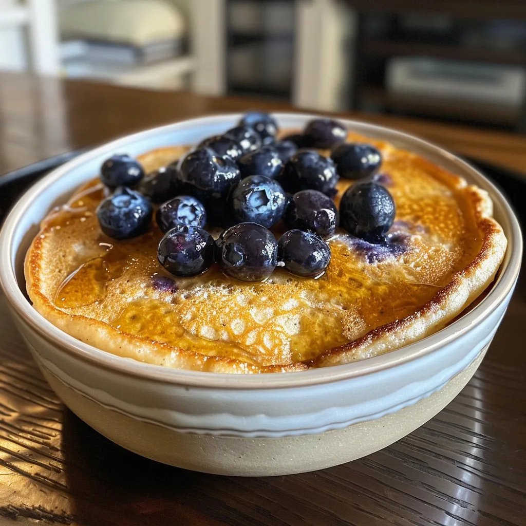 A delicious blueberry baked pancake bowl with vibrant blueberries on top, taken from a side angle, highlighting its fluffy consistency.