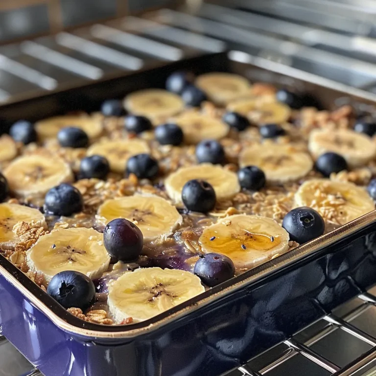 Close-up of baked oatmeal topped with blueberries and banana slices.