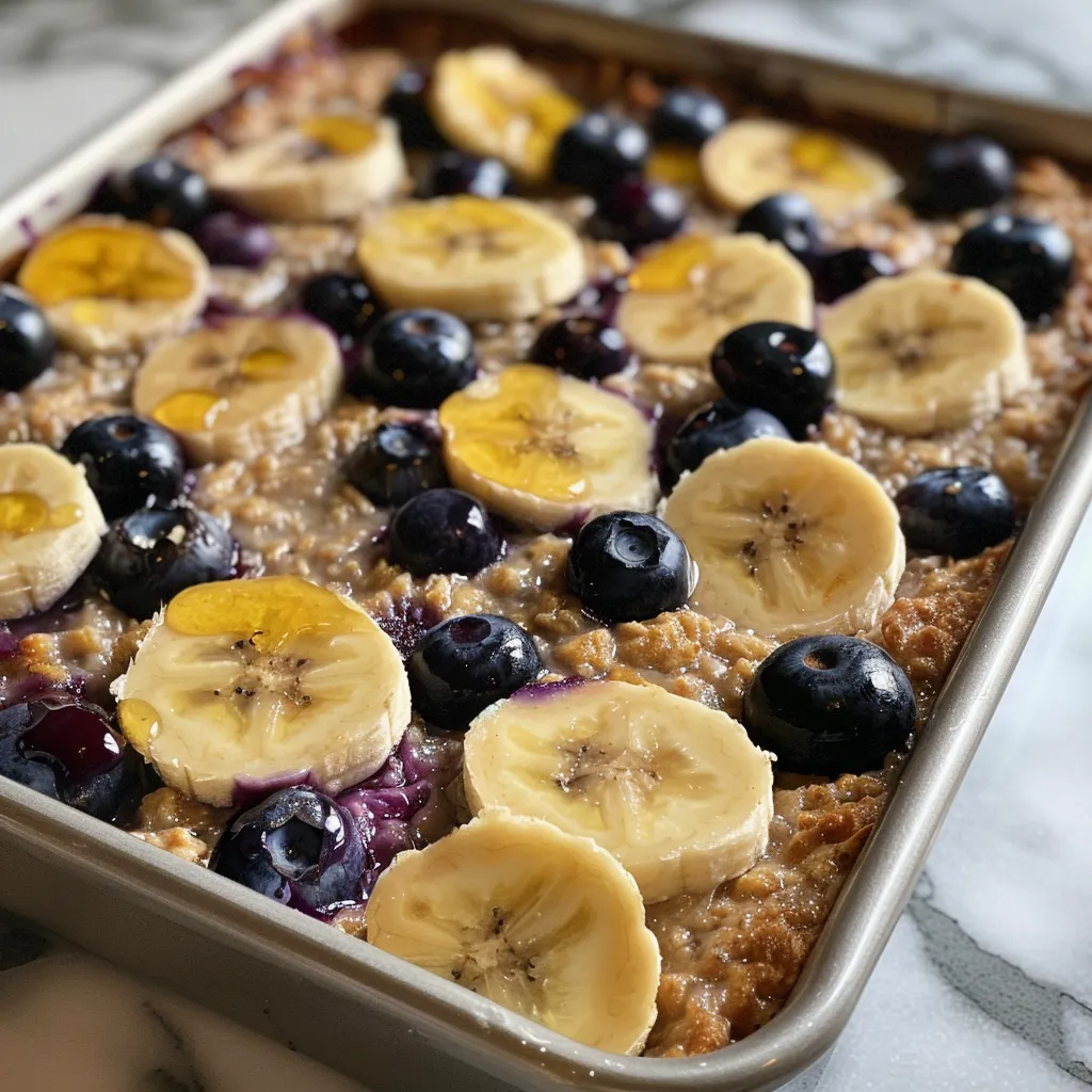 Side view of a warm, golden-brown blueberry banana baked oatmeal.