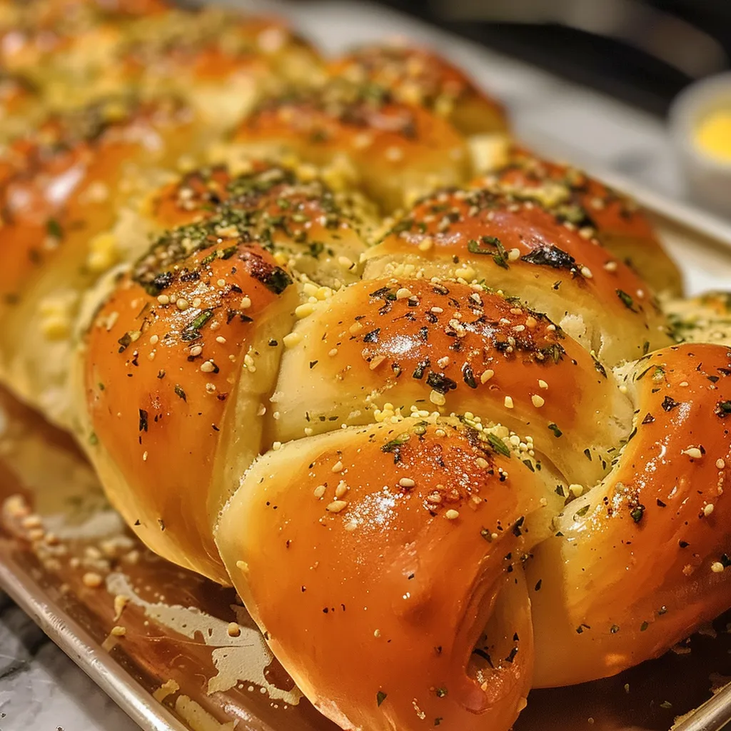 Close-up side view of a braided bread with herbs and butter, golden brown crust.