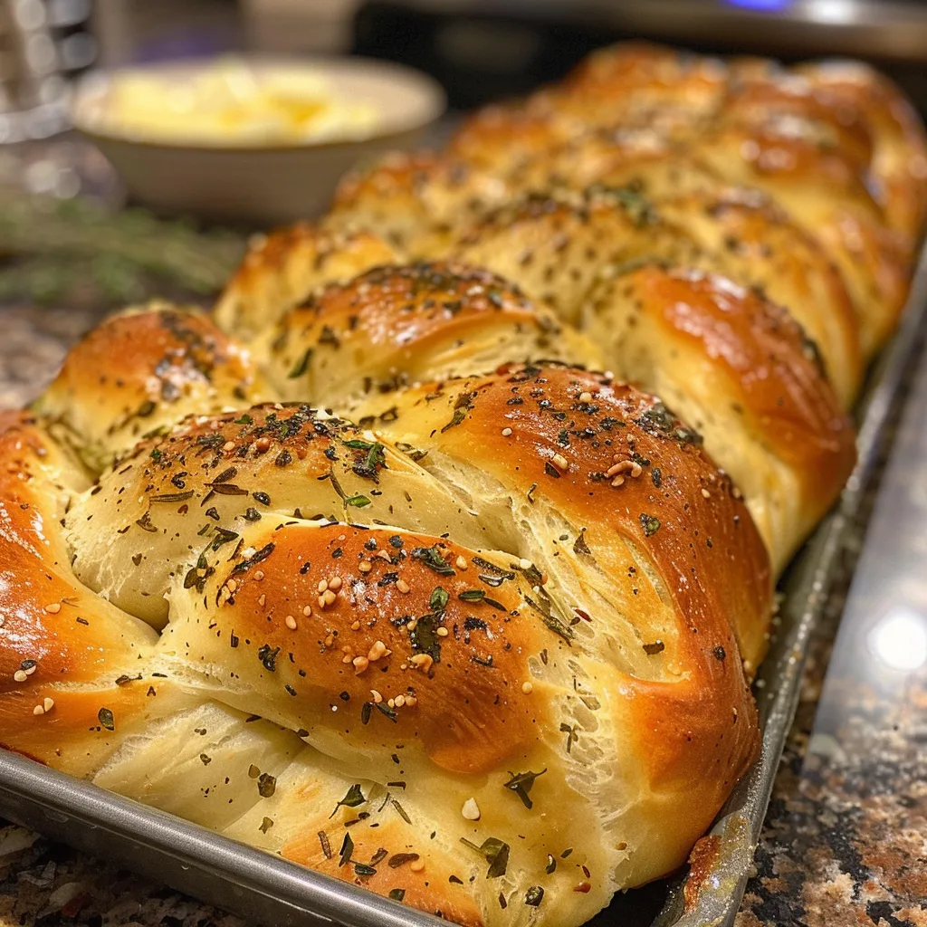 Succulent braided bread showcasing a glossy surface and fresh herbs.
