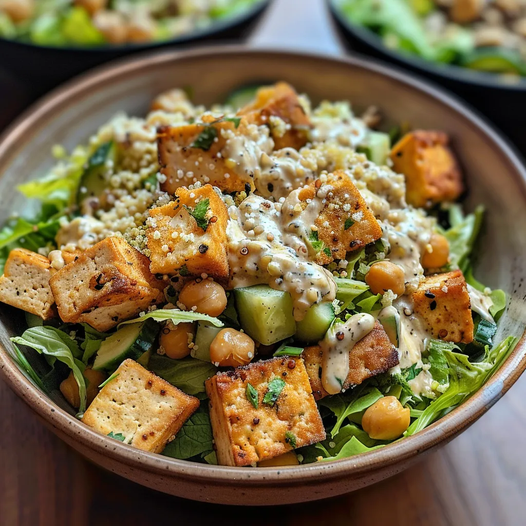 Close-up view of a colorful Caesar salad bowl filled with greens, tofu, chickpeas, and croutons.