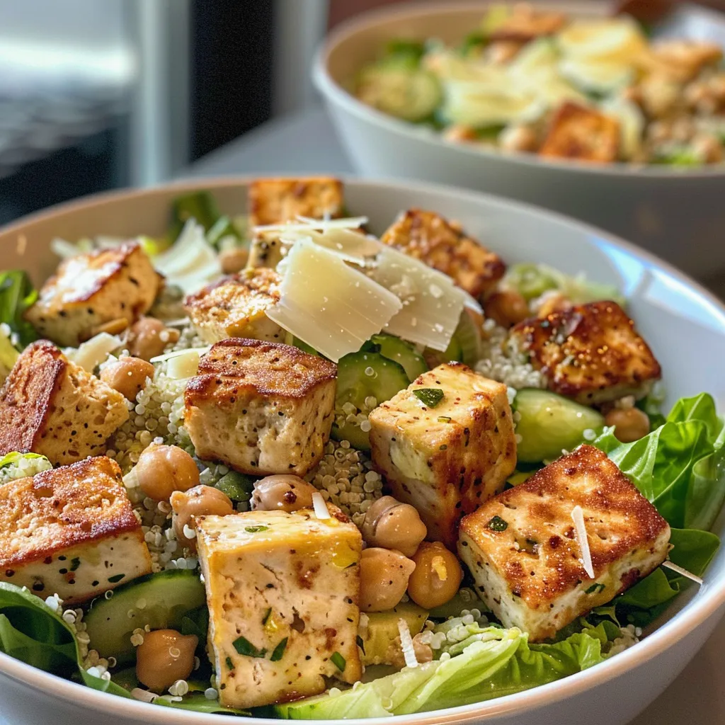Side view of a vibrant bowl of Caesar salad featuring romaine lettuce, sliced almonds, and creamy dressing.