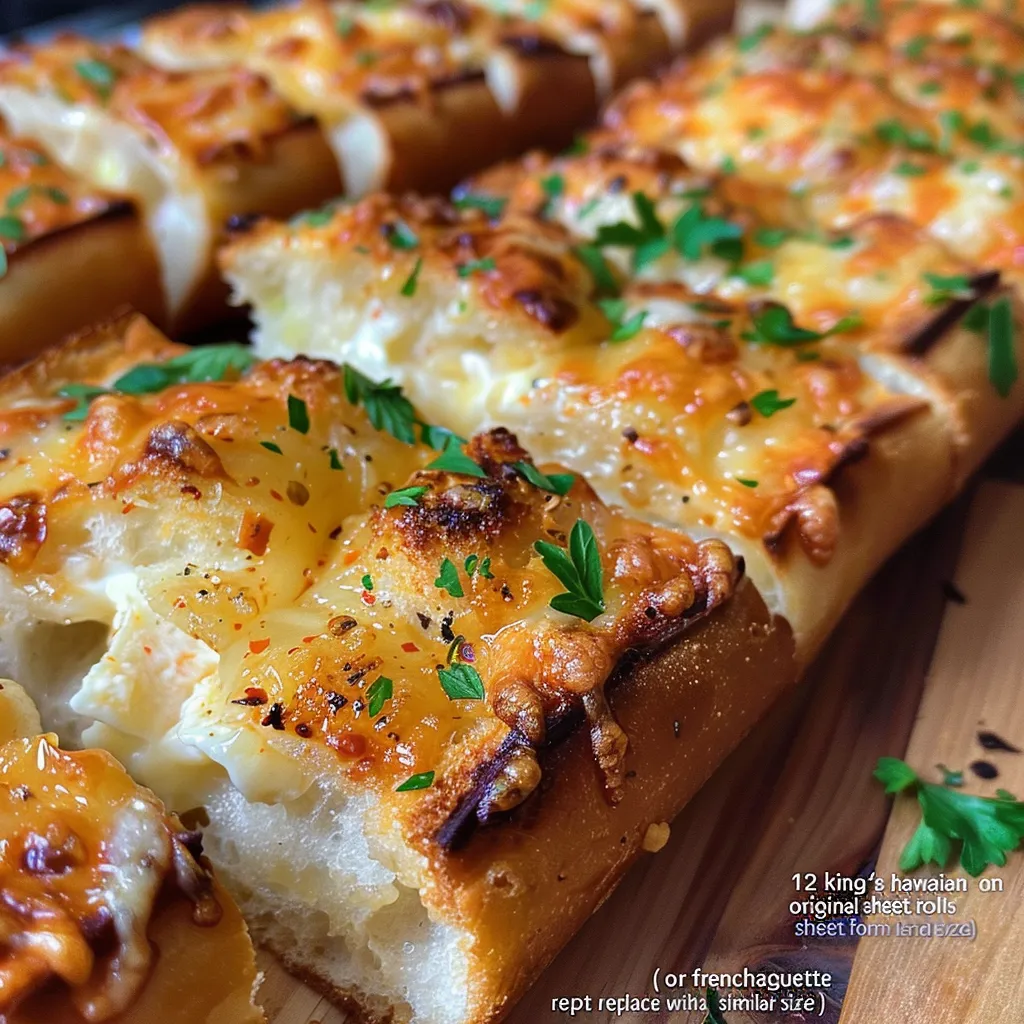Juicy cheesy garlic bread with melted cheese and herbs.