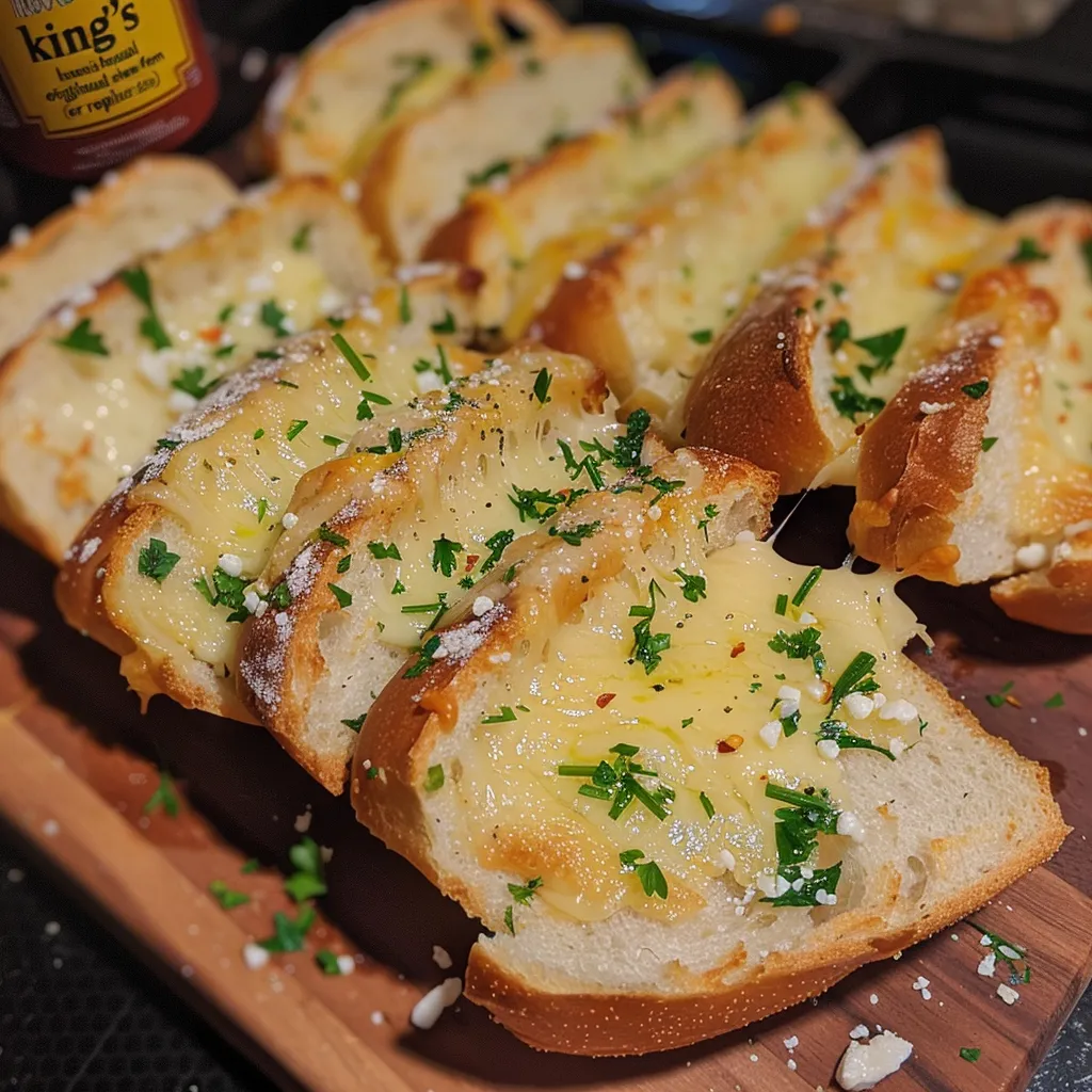 Close-up of freshly baked garlic bread topped with mozzarella.