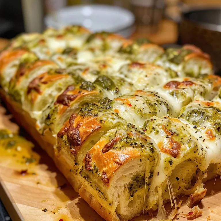 Close-up of a Cheesy Pesto Pull-Apart Bread loaf with melted cheese and pesto visible.