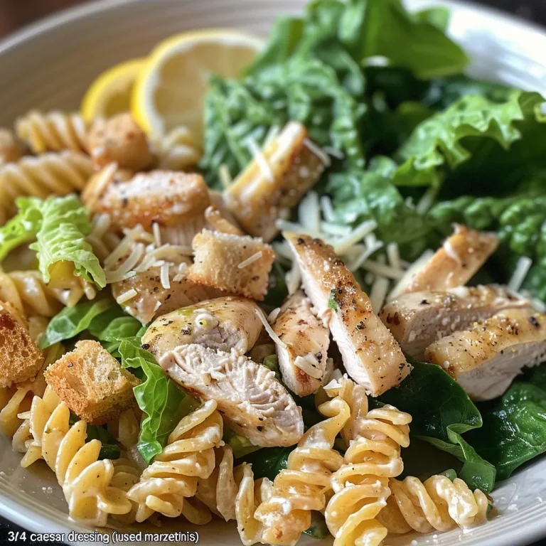 Close-up of a Chicken Caesar Pasta Salad featuring juicy chicken, rotini pasta, and fresh romaine lettuce.