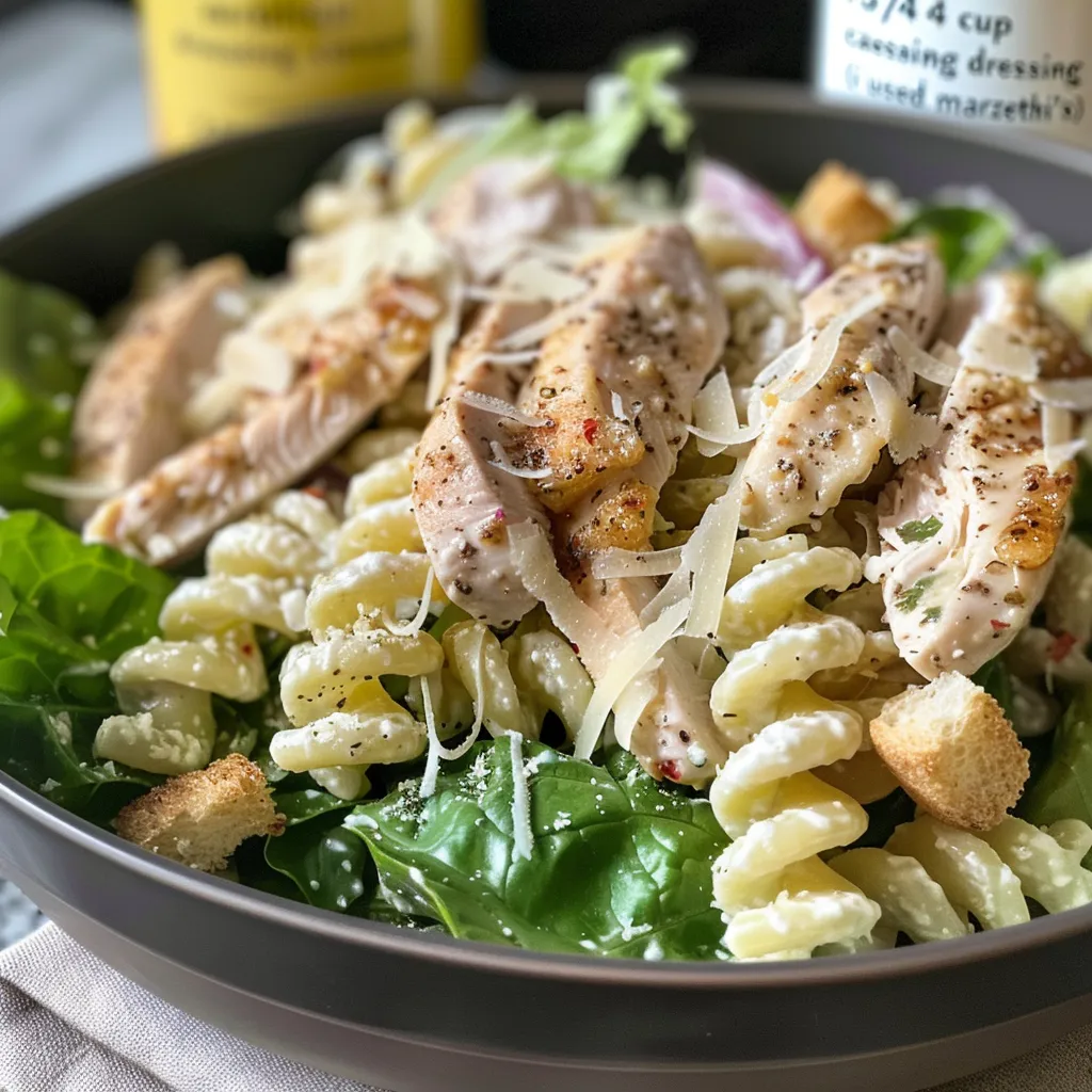 Side view of a Chicken Caesar Pasta Salad highlighting shredded parmesan cheese and croutons on top.
