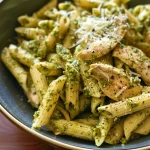 A close-up view of Chicken Pesto Pasta garnished with herbs and cheese.