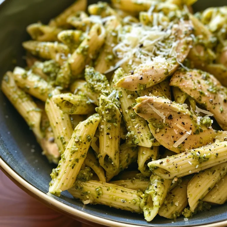 A close-up view of Chicken Pesto Pasta garnished with herbs and cheese.