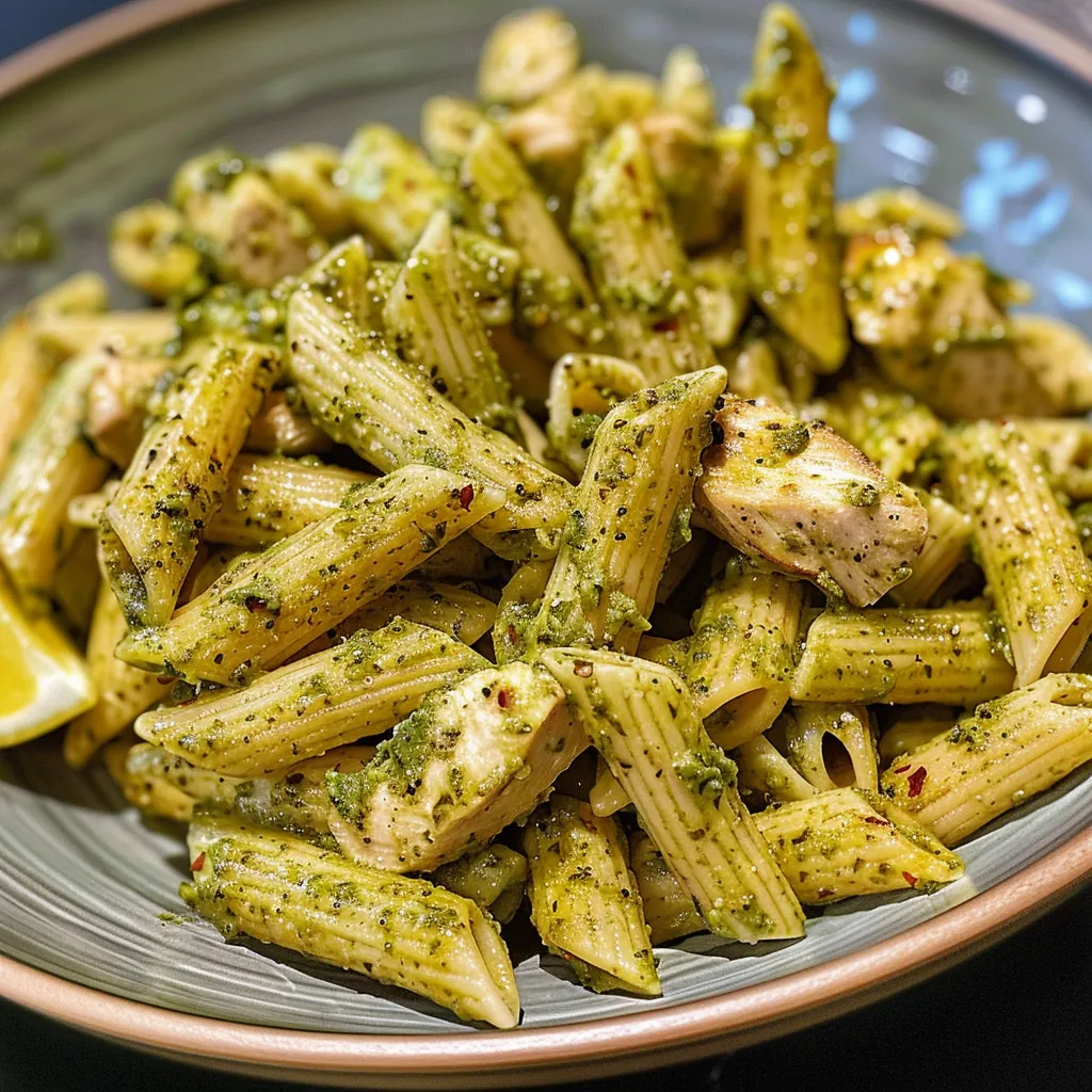 Side view of a bowl filled with Chicken Pesto Pasta with bite-sized chicken pieces.