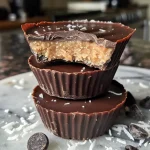 Close-up side view of rich chocolate coconut butter cups stacked on a light surface.