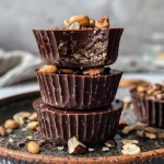 Close-up of chocolate coconut cream cups, showcasing a creamy texture and dark chocolate chunks.