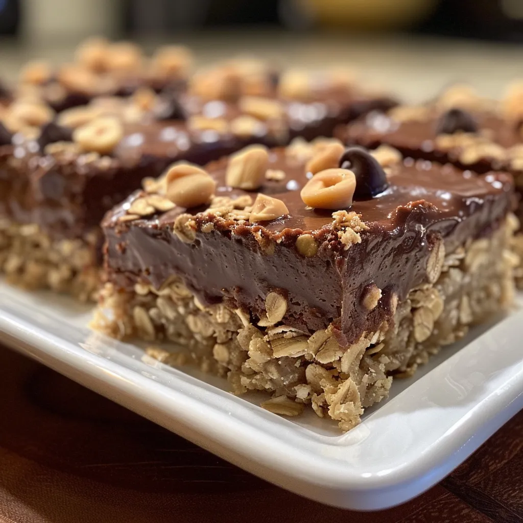 Side view of deliciously layered Chocolate Hazelnut Oat Bars with visible chocolate and hazelnuts.