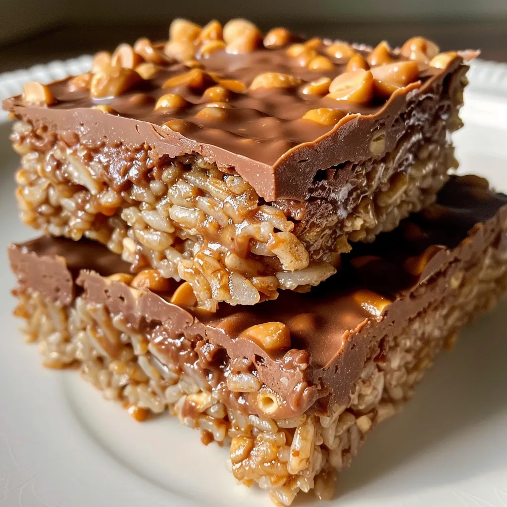 Juicy Chocolate Peanut Butter Crunch Bars with chocolate chips and peanuts.
