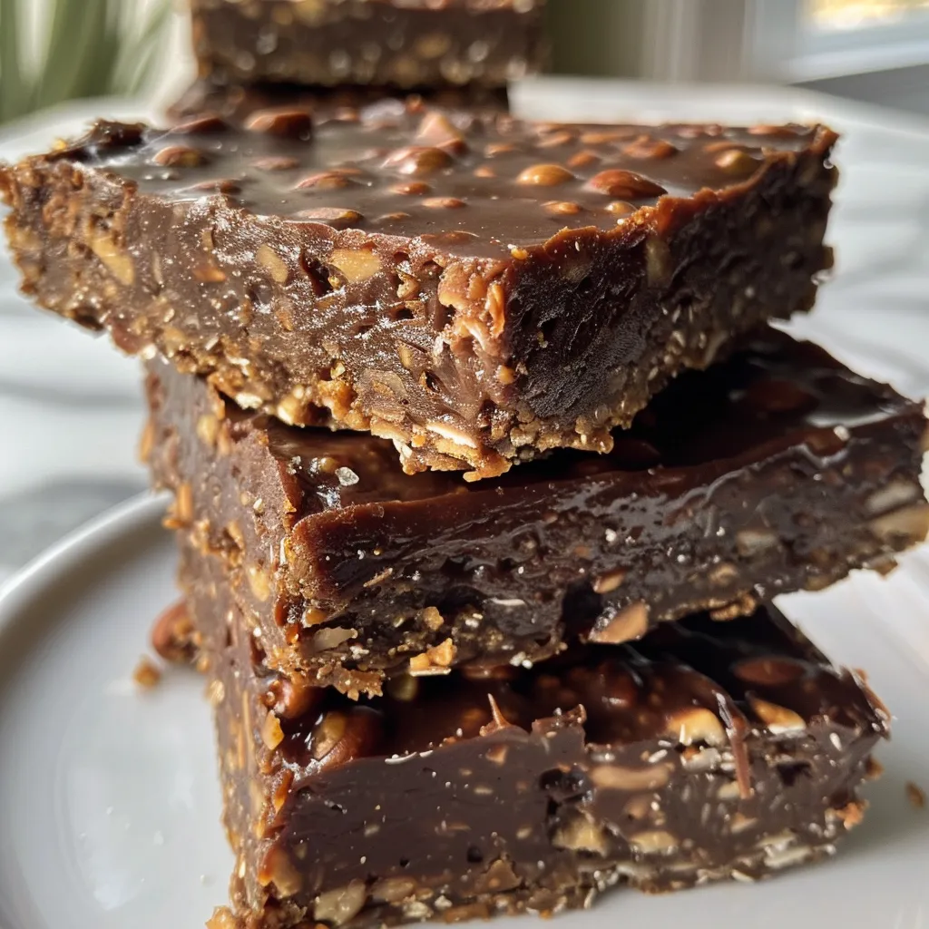 Side profile of a delicious Chocolate Peanut Butter Energy Bar, showcasing its layers and ingredients.