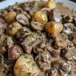 Close-up view of creamy garlic mushroom beef in a bowl, garnished with fresh parsley.