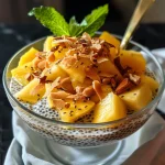 Close-up view of a creamy mango pineapple chia pudding bowl topped with toasted coconut and mint.