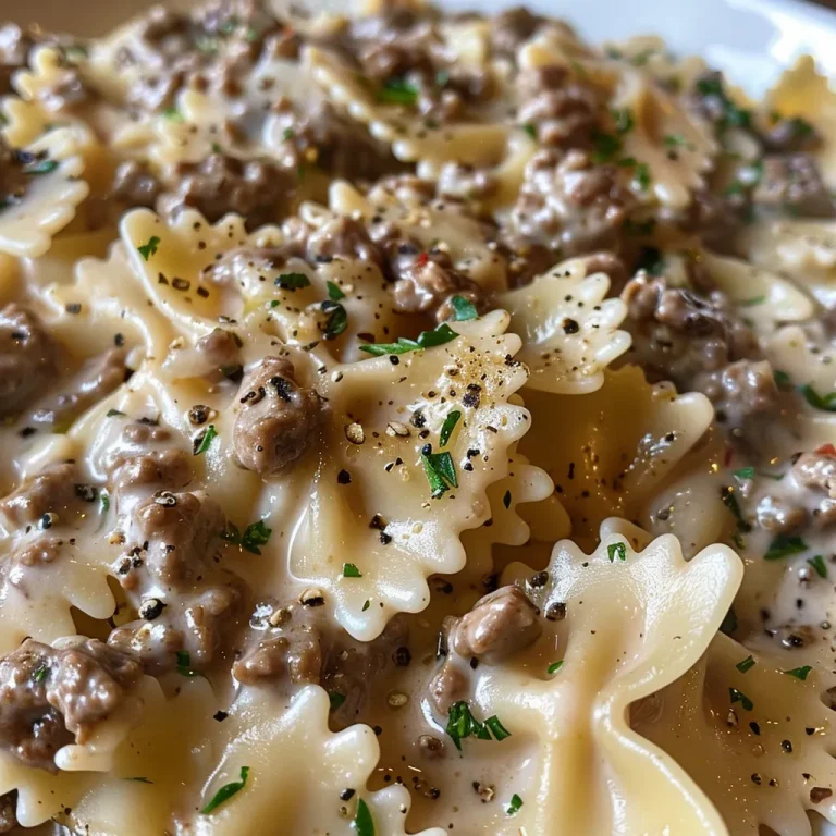 Whip Up a Creamy Delight Bowtie Pasta That Will Make Your Taste Buds Dance! A close-up view of creamy Parmesan garlic beef bowtie pasta garnished with parsley.