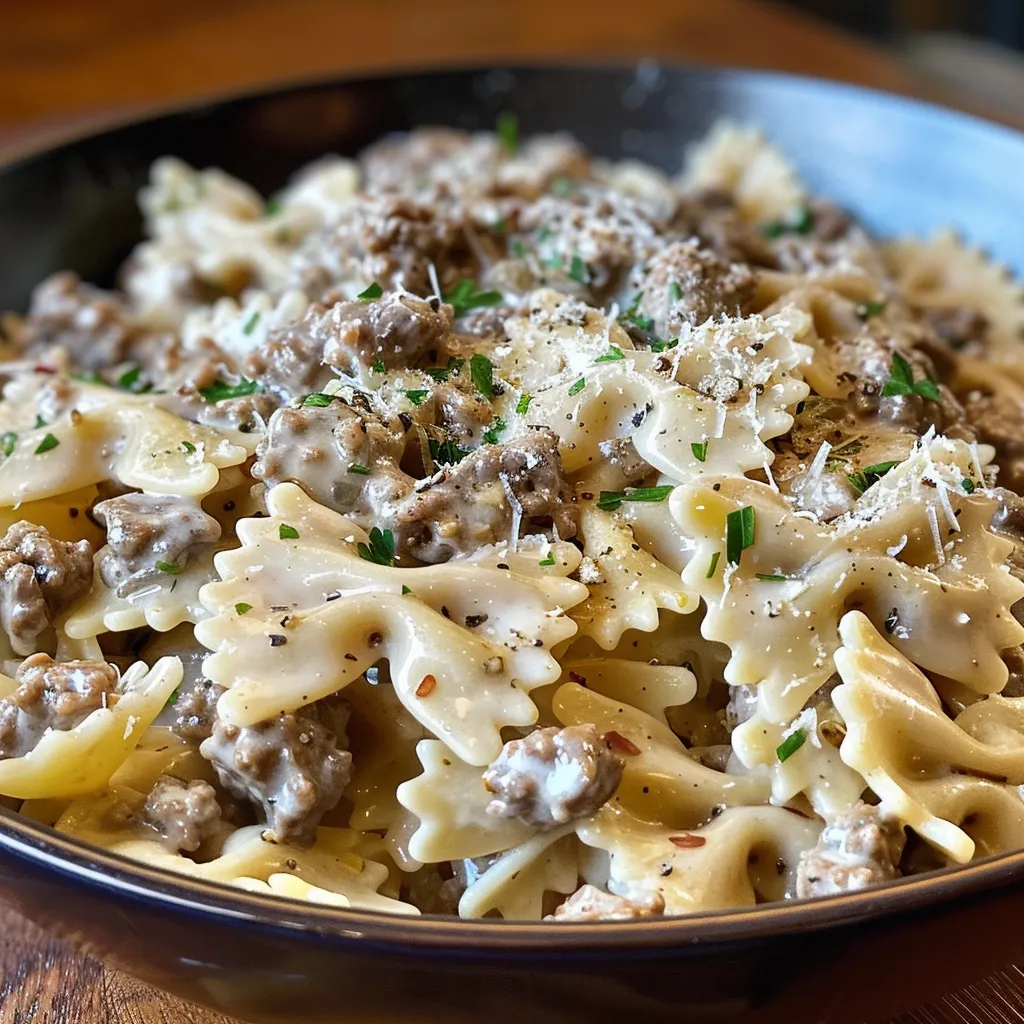 Side shot of a delicious dish featuring bowtie pasta with ground beef and a creamy sauce.
