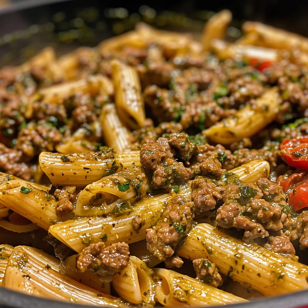 Side view of a bowl filled with creamy pesto beef pasta garnished with fresh basil.