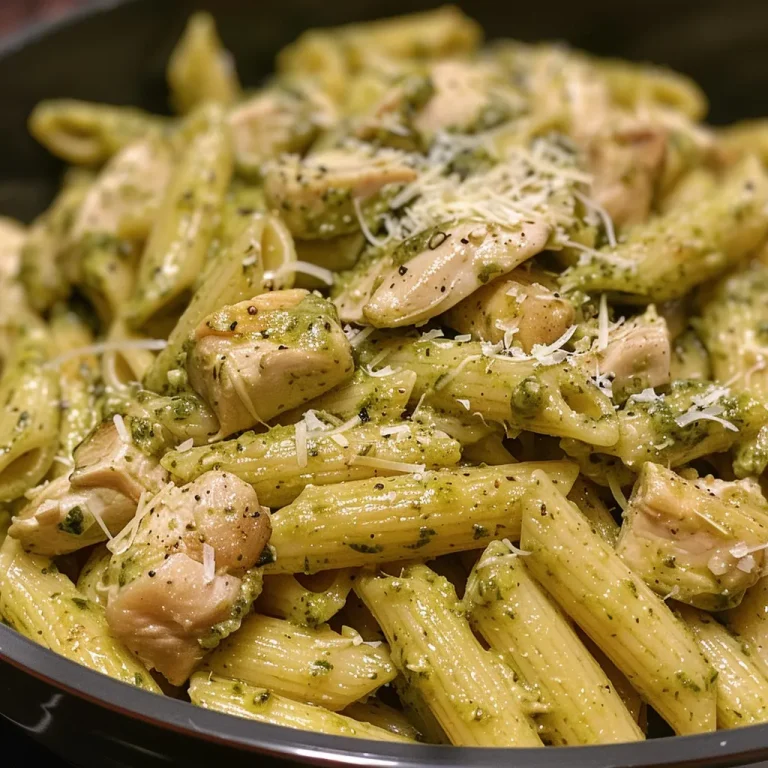 Transform Your Dinner Routine with Indulgent Creamy Pesto Chicken Pasta A close-up view of creamy pesto chicken pasta with chicken pieces, green spinach, and melted mozzarella cheese.