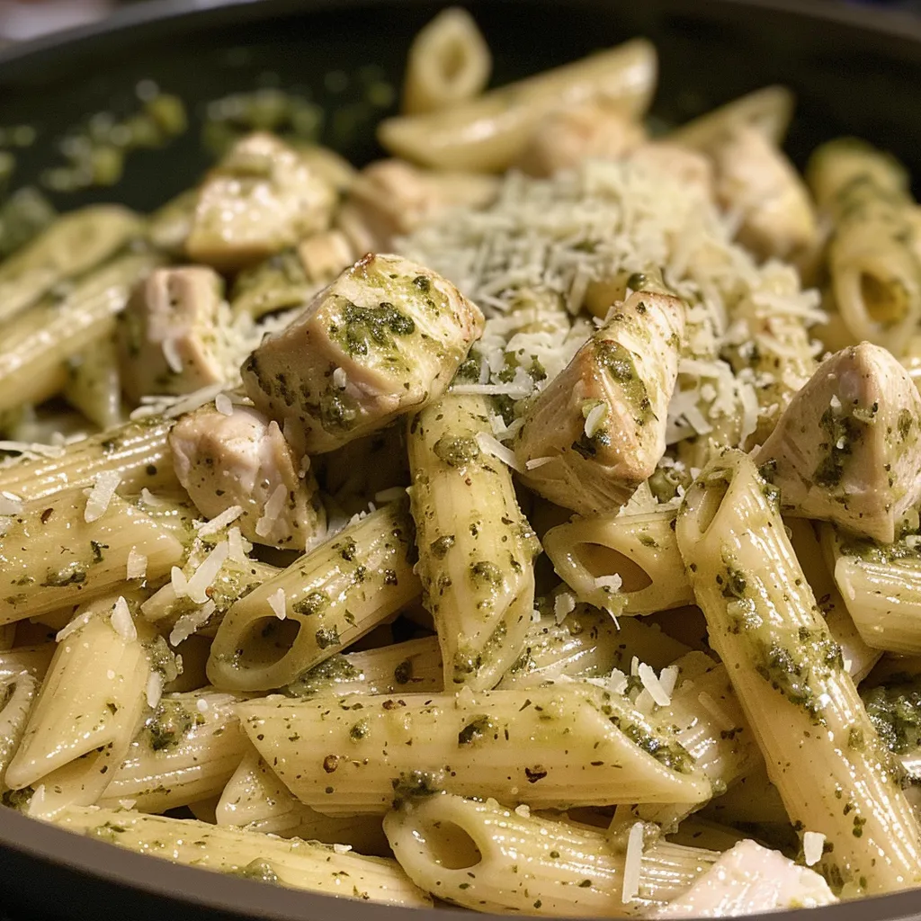 Juicy pesto chicken pasta served in a bowl, showcasing the creamy sauce and colorful ingredients.