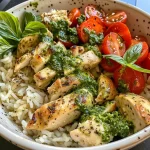 Close-up view of a creamy pesto chicken rice bowl with colorful ingredients.