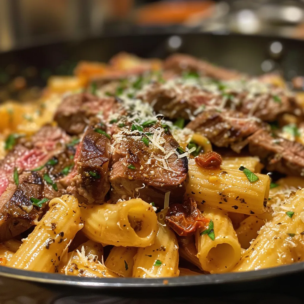 Close-up view of creamy steak pasta with a rich sauce and visible steak pieces.