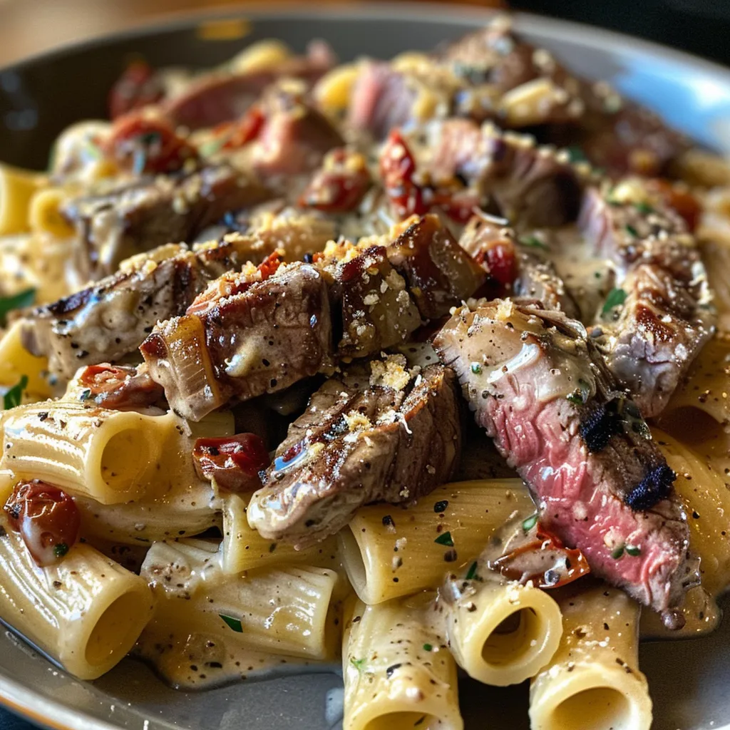 Side view of a bowl filled with creamy pasta, featuring strips of steak and sun-dried tomatoes.