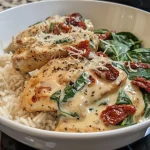 Close-up side view of a Creamy Tuscan Chicken Bowl featuring chicken, spinach, and sun-dried tomatoes.
