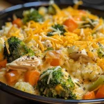 Close-up of a creamy Crockpot Chicken and Veggie Casserole with melted cheese on top.