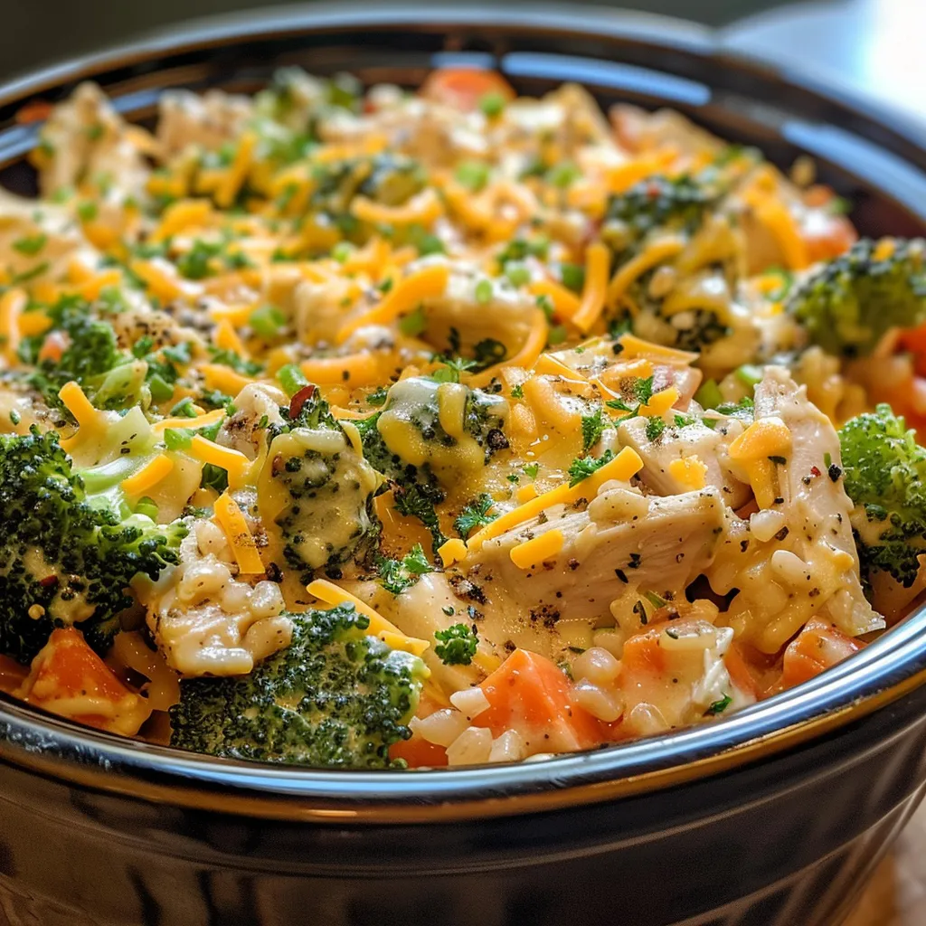 Side view of a hearty chicken and vegetable casserole, showcasing colorful veggies and a creamy texture.