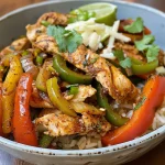 Close-up view of a colorful chicken fajita rice bowl featuring sliced chicken, bell peppers, and rice.