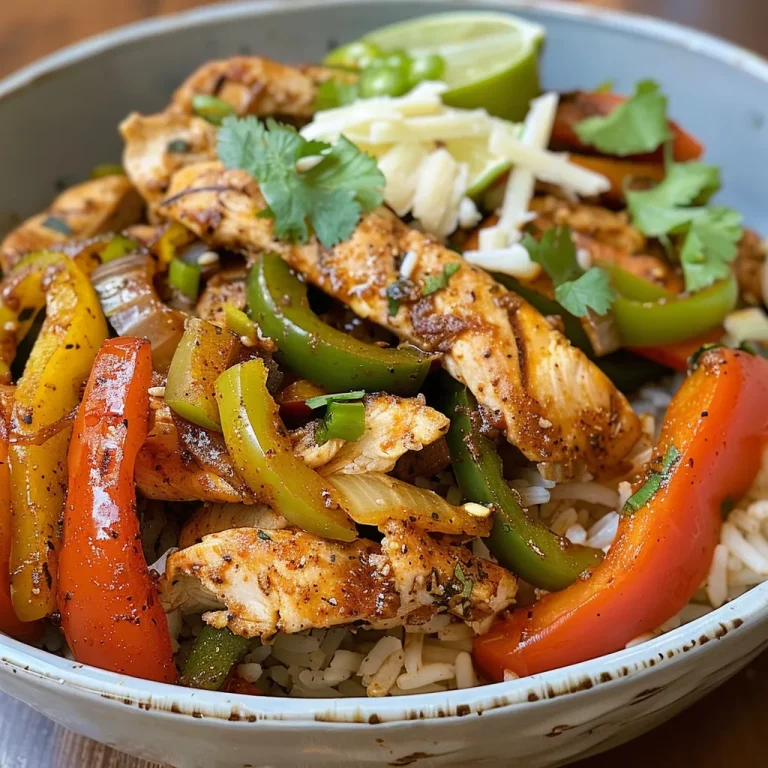 Savor the Flavor Your Go-To Easy Chicken Fajita Rice Bowl Recipe Close-up view of a colorful chicken fajita rice bowl featuring sliced chicken, bell peppers, and rice.
