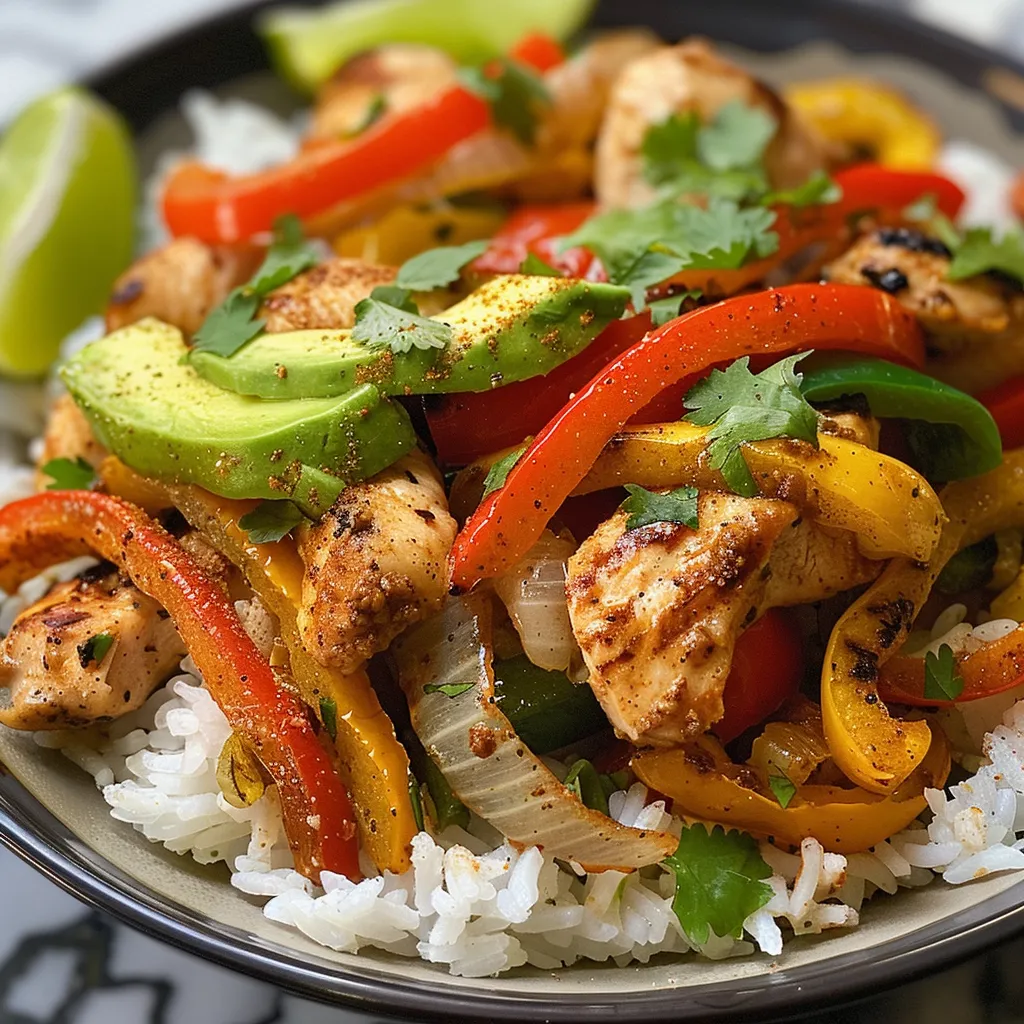 Side angle of a vibrant chicken fajita rice bowl with fresh ingredients and garnishes displayed appealingly.