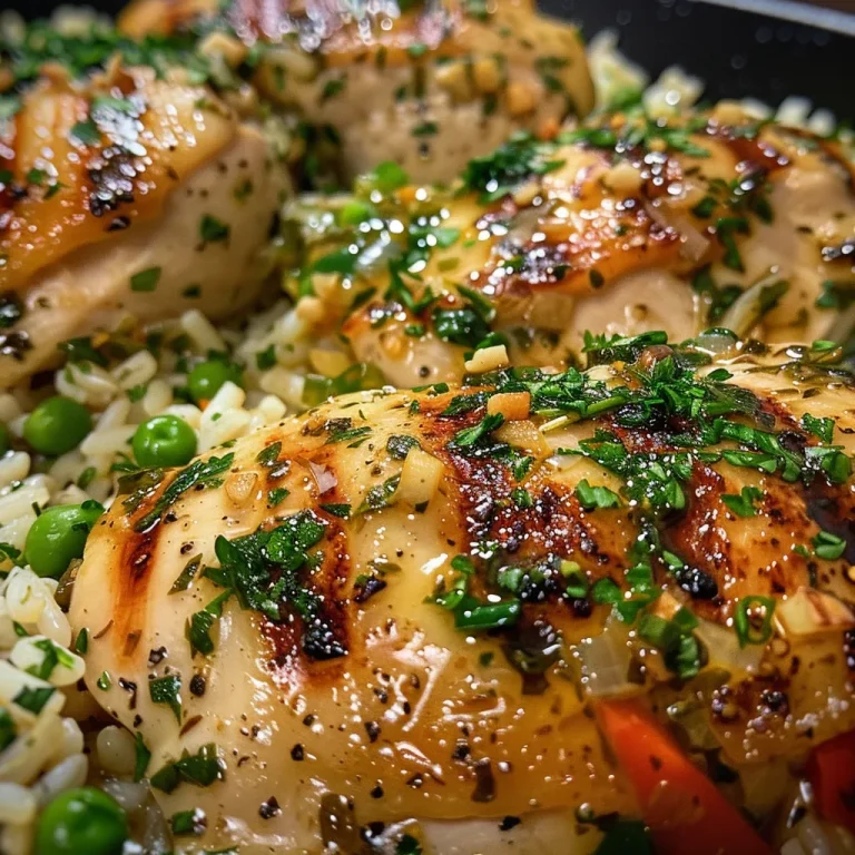 Savor the Comfort Your Go-To Easy Garlic Herb Chicken Rice Skillet Close-up view of a skillet filled with garlic herb chicken and rice, garnished with parsley.