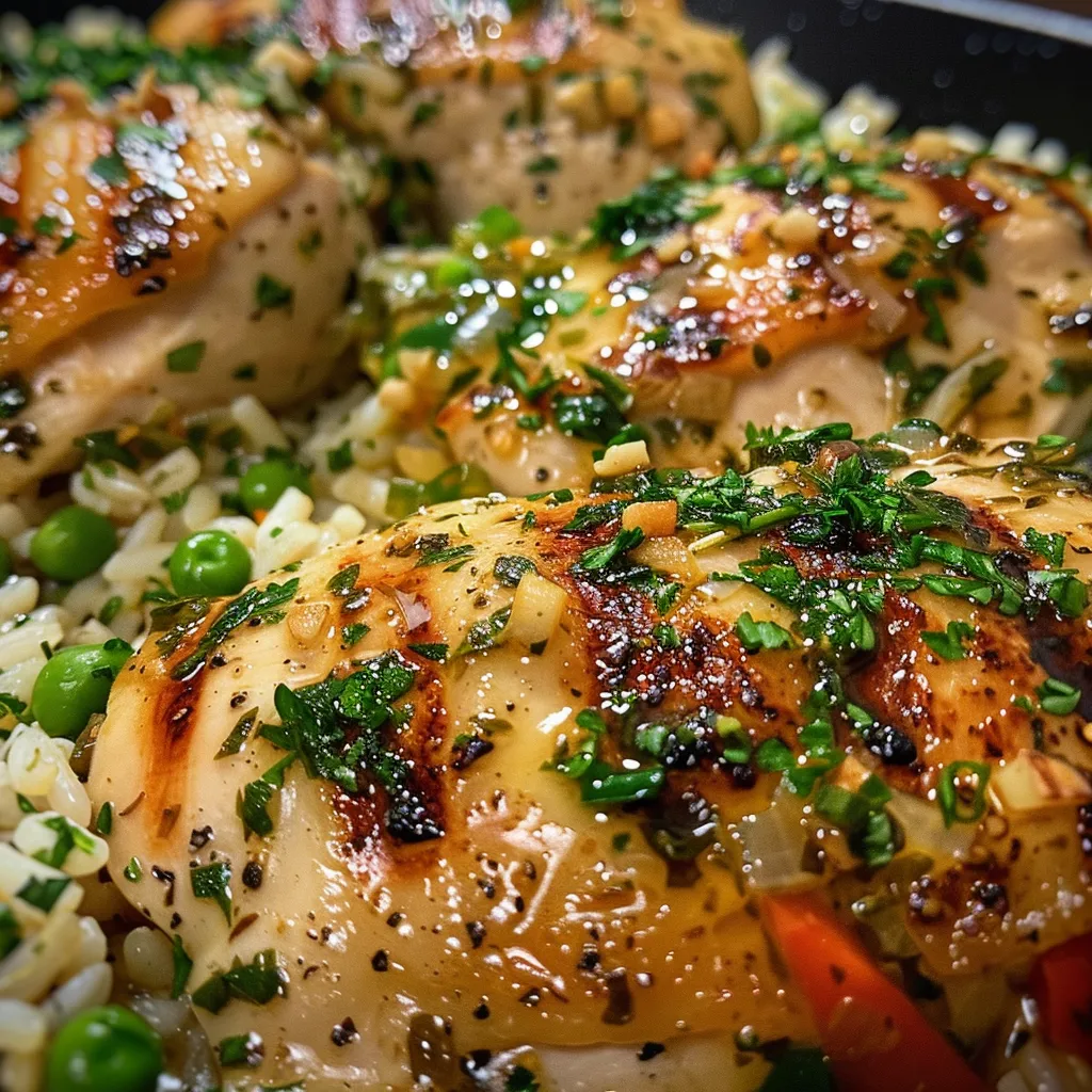 Close-up view of a skillet filled with garlic herb chicken and rice, garnished with parsley.