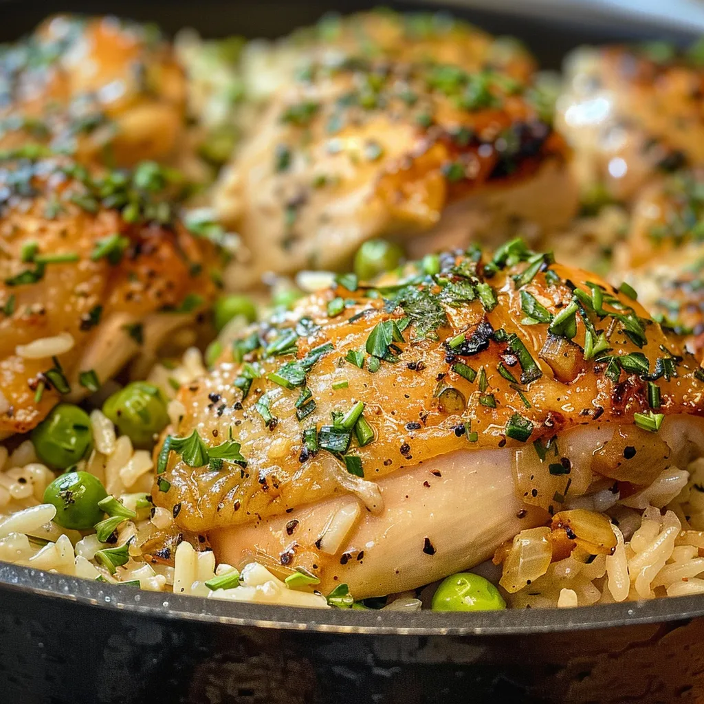 Juicy Easy Garlic Herb Chicken Rice Skillet, featuring colorful bell peppers and peas.