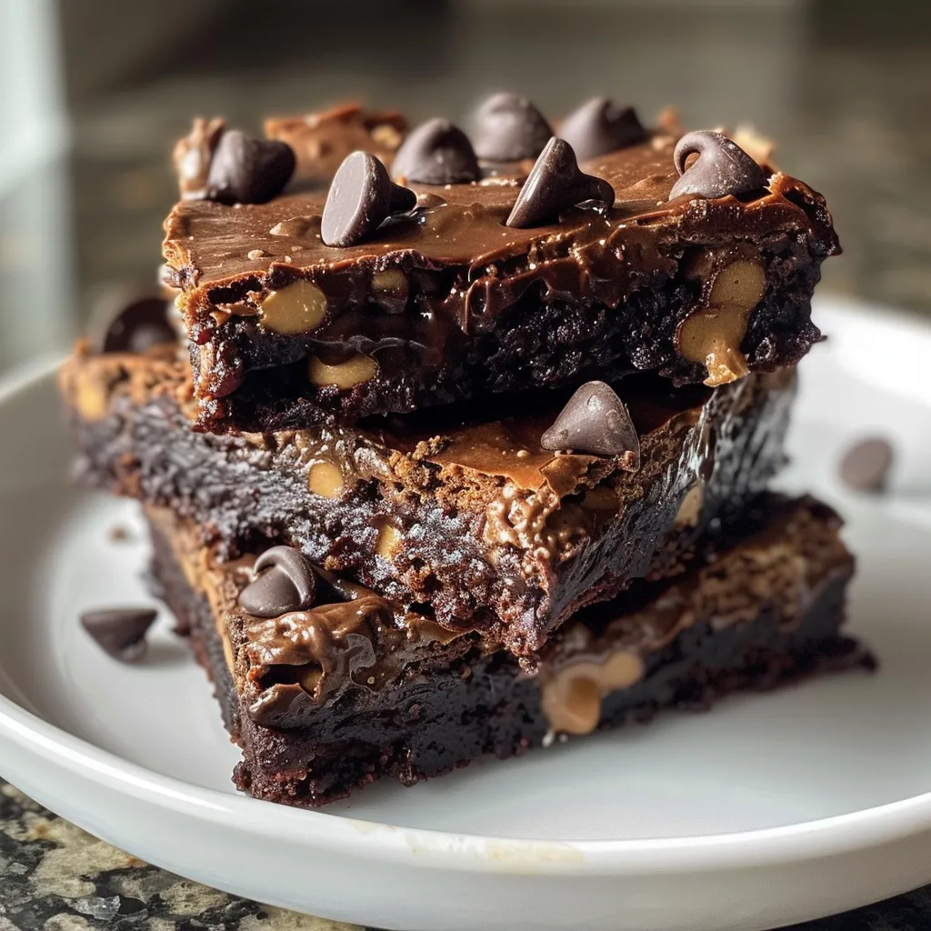 Close-up of rich, flourless peanut butter brownies with chocolate chips.