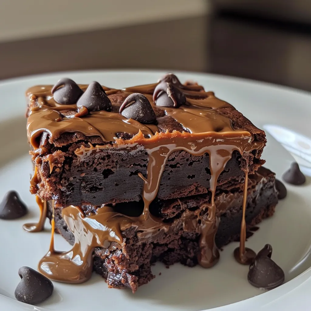 Side view of moist, protein-packed brownies topped with melted chocolate.
