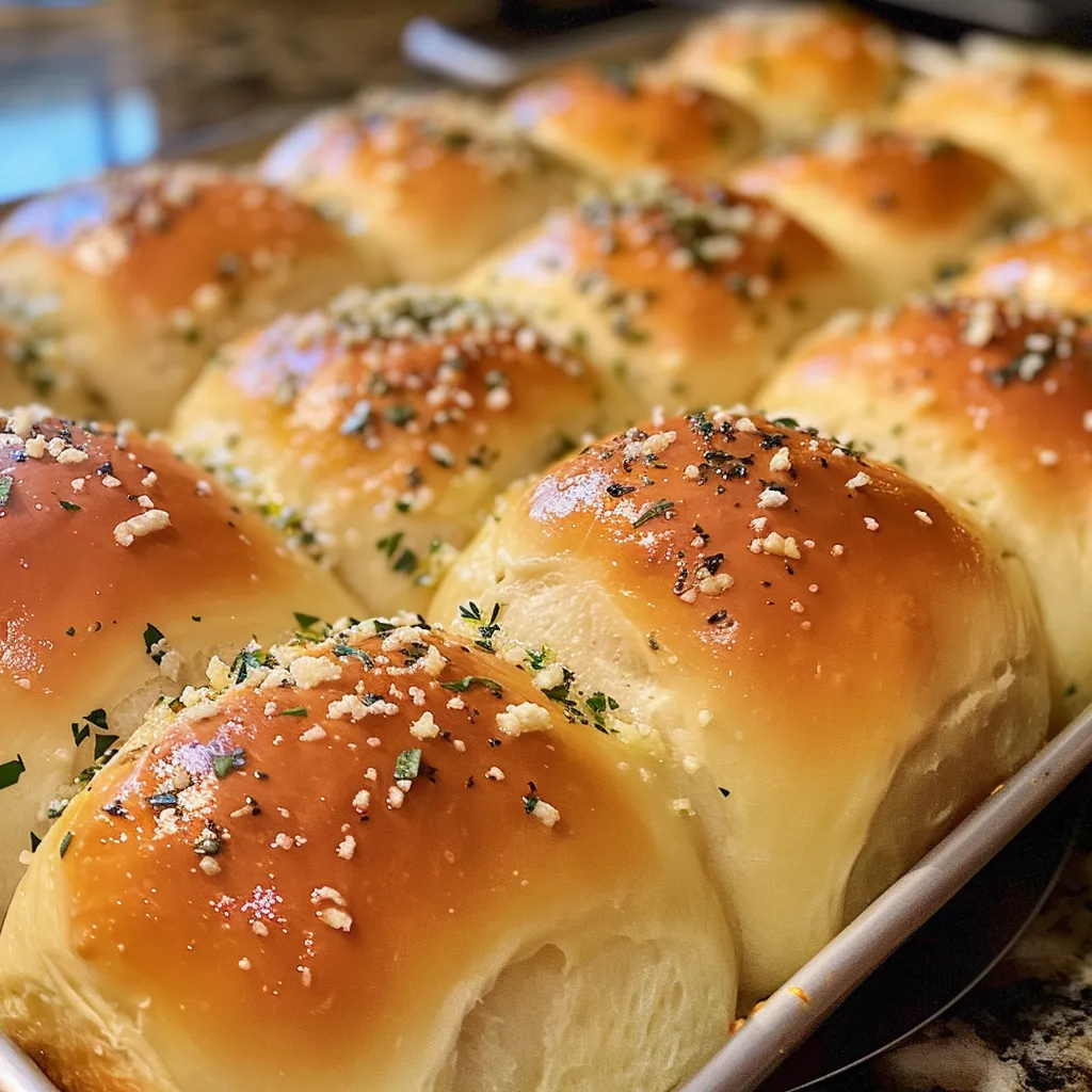 Side view of fluffy dinner rolls infused with garlic and herbs, glistening with butter.
