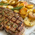 Close-up of juicy garlic butter steak with crispy potato foil packets.