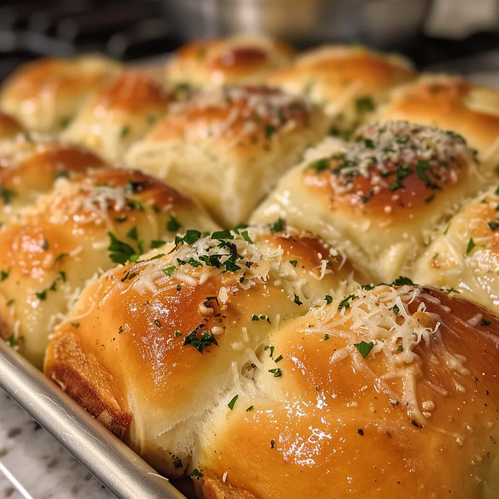 A close-up side view of soft and buttery garlic parmesan dinner rolls, showcasing their golden-brown crust and fluffy interior.