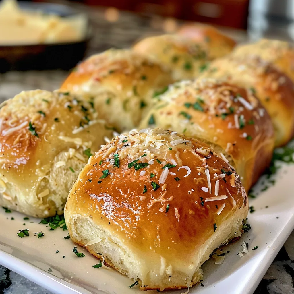 Juicy garlic parmesan dinner rolls arranged neatly, highlighting their buttery sheen and sprinkle of herbs.