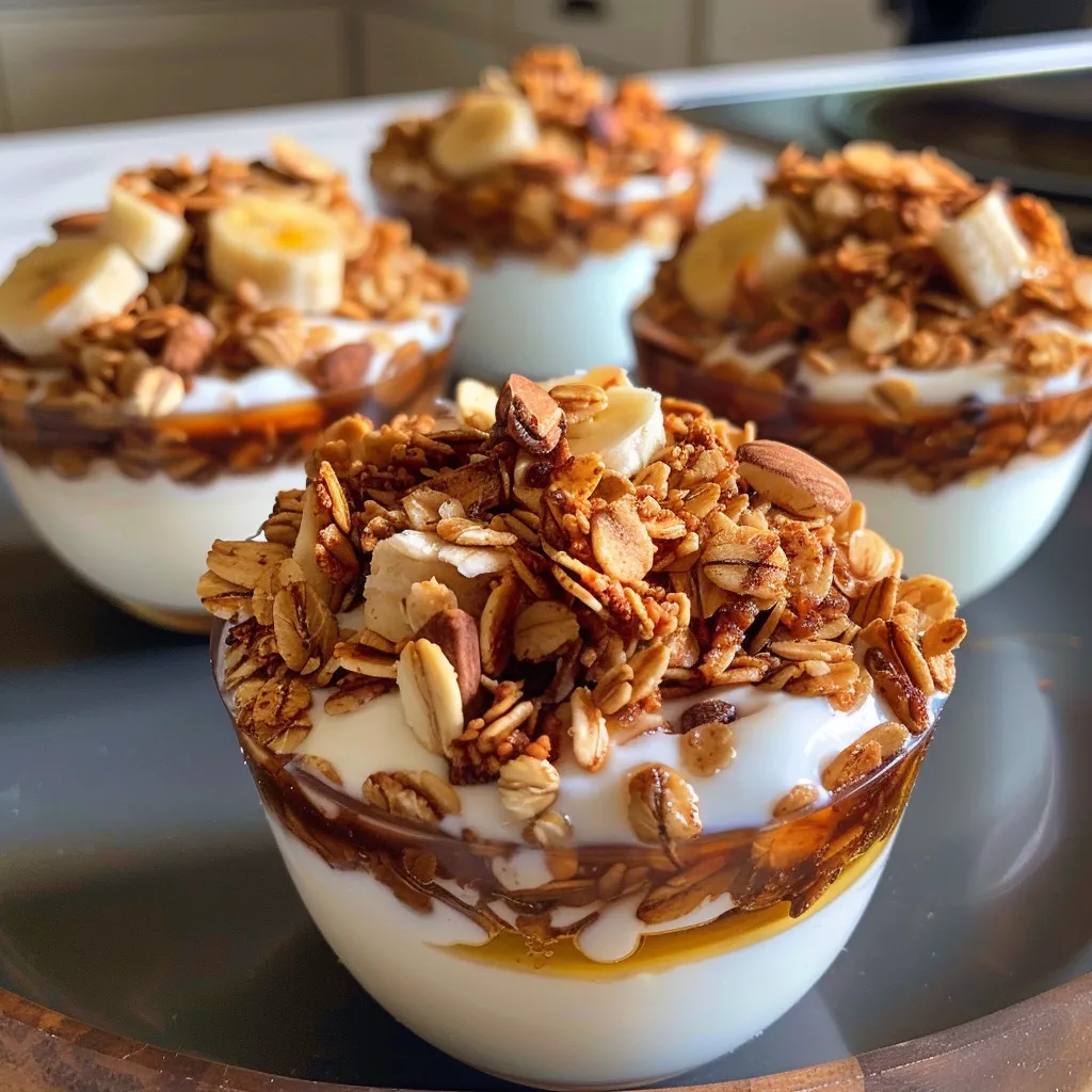 Side view of delicious granola cups with yogurt, showcasing their layered texture.