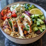 Close-up view of a Greek Chicken Couscous Bowl with various colorful ingredients.