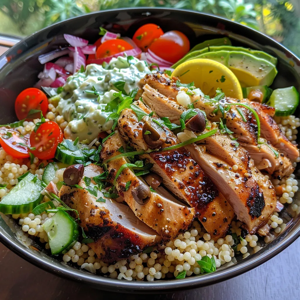 Side view of a vibrant Greek Chicken Couscous Bowl featuring chicken, vegetables, and couscous.